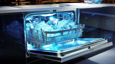 Open dishwasher with clean dishes in the white kitchenの素材