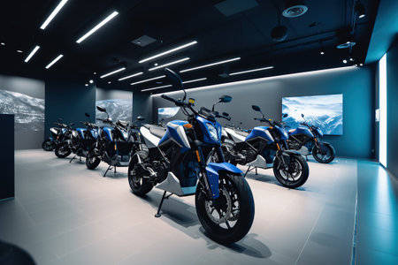 Commercial stand in an exhibition hall or motorbike showroom. New scooters and motorcycles for saleの素材