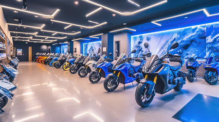 Commercial stand in an exhibition hall or motorbike showroom. New scooters and motorcycles for saleの素材