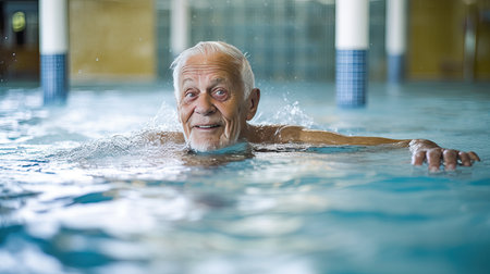 Healthy senior man swimming in the pool. Happy pensioner enjoying sportive lifestyle. Active retirement concept.の素材