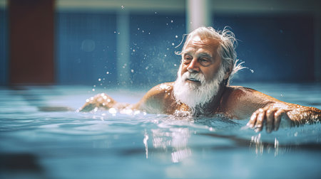 Healthy senior man swimming in the pool. Happy pensioner enjoying sportive lifestyle. Active retirement concept.の素材