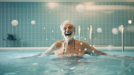 Healthy senior man swimming in the pool. Happy pensioner enjoying sportive lifestyle. Active retirement concept.の素材