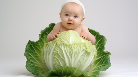 Newborn baby boy 3 months old in green cabbage. Vegetables.の写真素材