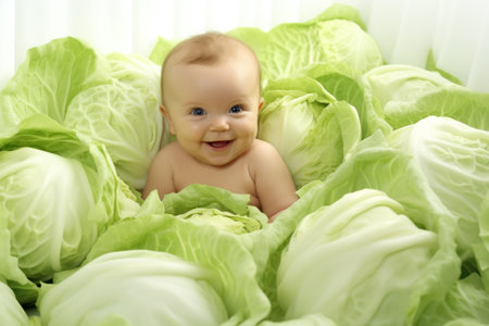 Newborn baby boy 3 months old in green cabbage. Vegetables.の写真素材