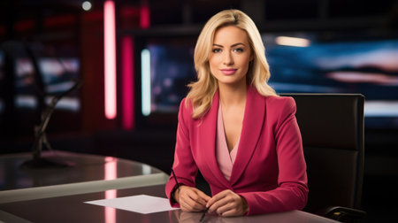 TV Live News Program with Professional Female Presenter Reporting. Television Cable Channel Anchorwoman Talks, Business, Economy, Entertainment. Mockup Network Broadcasting in Newsroom Studio Conceptの素材