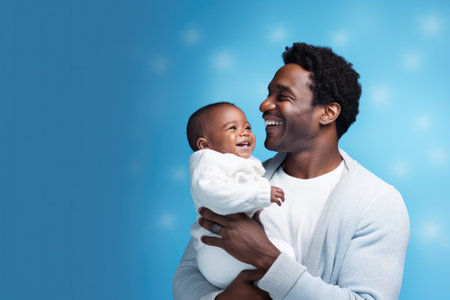 African-american father and son portrait on gradient studio background in neon. Beautiful male models in casual style, white shirt. Concept of human emotions, facial expressionの素材
