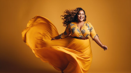 Lucky plus-size lady overweight woman in fashion orange dress happy dancing, celebrating on yellow background with free text spaceの素材