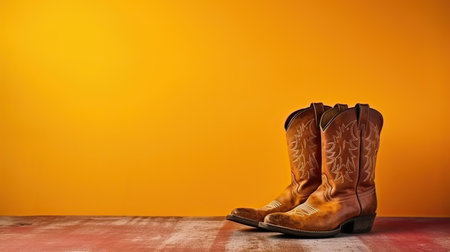 Wild West retro cowboy hat and pair of old leather boots on wooden floor. Vintage style filtered photoの素材