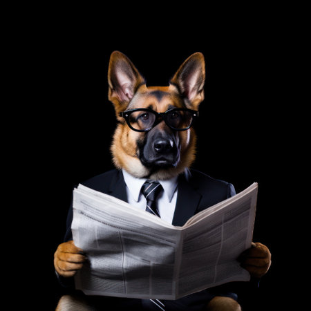 dog reading and holding a newspaper.の素材