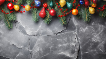 Fir branches with colored balls on a stone background, new year, christmasの素材