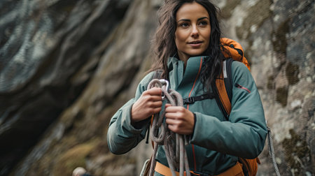 Adult female rock climber on vertical flat wall with poor relief - side view, close-upの素材