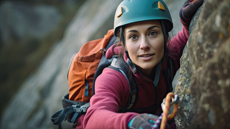 Adult female rock climber on vertical flat wall with poor relief - side view, close-upの素材