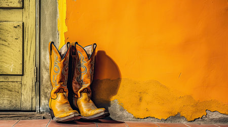 Wild West retro cowboy hat and pair of old leather boots on wooden floor. Vintage style filtered photoの素材