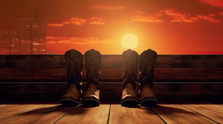 Wild West retro cowboy hat and pair of old leather boots on wooden floor. Vintage style filtered photoの素材