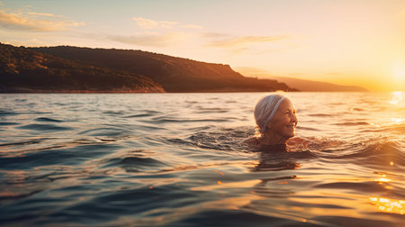 Senior woman swimming in the Sea/Ocean - enjoying active retirement, having fun, taking care of himself, staying fit. Ai generativeの素材