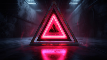Red automotive safety triangle in perspective glowing on a dark background.の素材