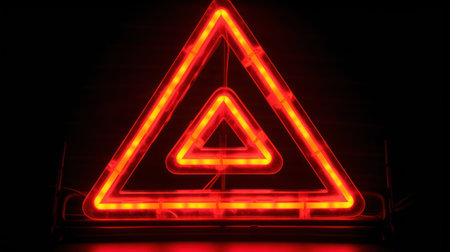 Red automotive safety triangle in perspective glowing on a dark background.の素材