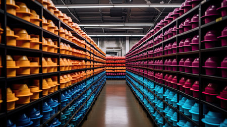 warehouse interior with shelves, pallets and boxes. Colored plastic products.の素材