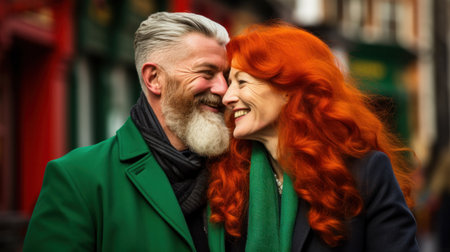 Family of Irish senior people dressed for celebration of St. Patricks Day on city street. 60yo Love storyの素材