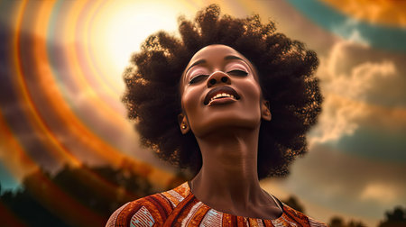 stylish african american girl is standing with flying hair from wind at sunset and looking upの素材