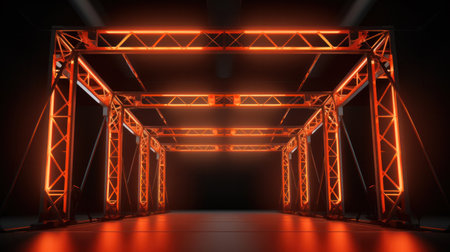 Online event entertainment concept. Background for concert. Orange stage spotlights. Empty stage with blue spotlightsの素材