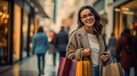 Woman in shopping. Happy woman with shopping bags enjoying in shopping. Consumerism, shopping, lifestyle conceptの素材