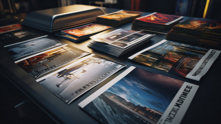 Printshop interior with stack of different broshures and booklets on typography table.の素材