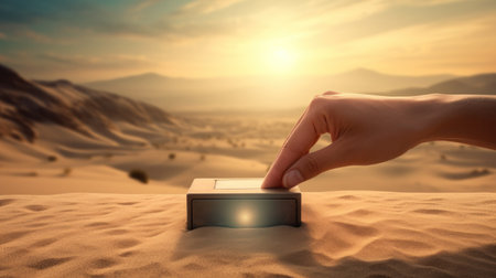 Finger press on emergency stop switch button, Machine control of sand desert, concept.の素材