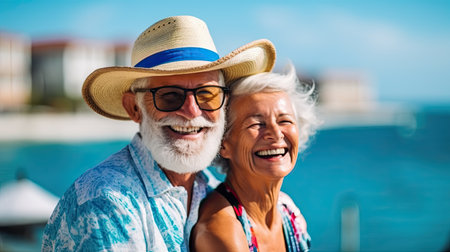 Senior couple relaxing by the sea on sunny dayの素材
