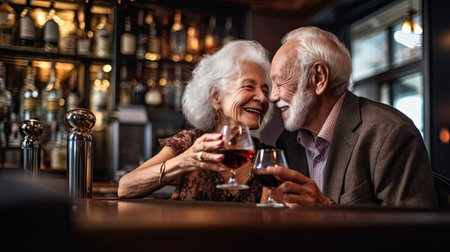 Senior couple on a date in a wine bar taking a selfie together on a cell phoneの素材