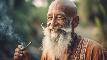 Old Happy bearded Hawaiian Man potrtait. 60 year old pensioner. Downshifter retiredの素材