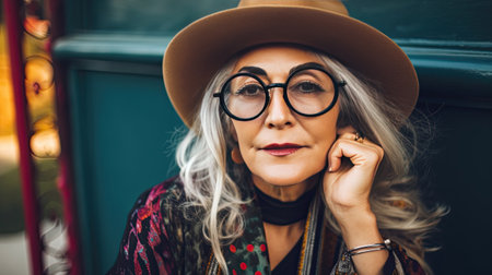 Hipster senior woman wearing glasses and fashionable hat outdoors portraitの素材