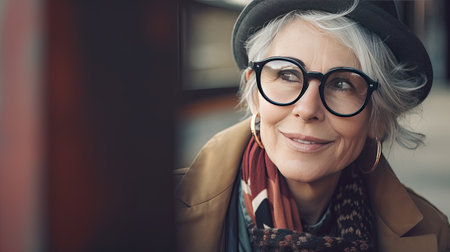 Hipster senior woman wearing glasses and fashionable hat outdoors portraitの素材
