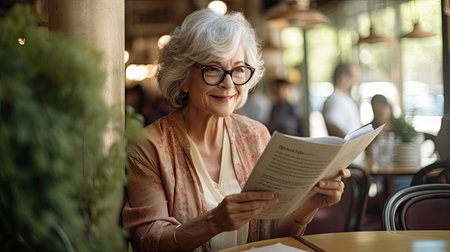 Elegant senior woman spending time at outdoor cafeの素材