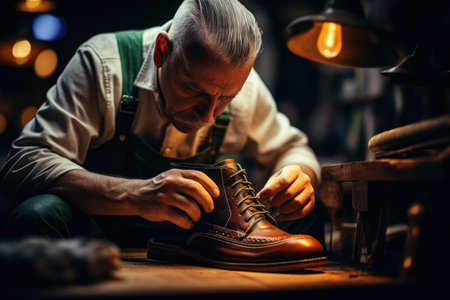 An elderly shoemaker at work in a workshopの素材