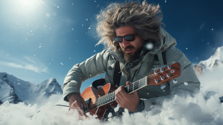 Guitarist plays while skiing or snowboarding in clouds of snow. Music for freeride.の素材