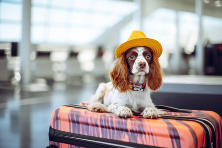 Adorable cute dog going on vacation standing on suitcase with straw hat outdoors. Funny Vacation and Travel concept.の素材