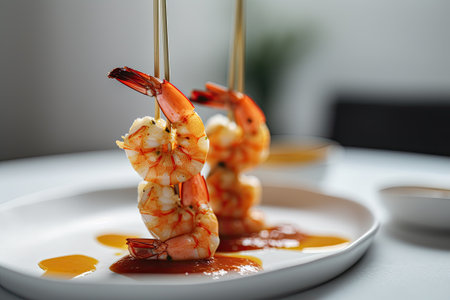 Grilled shrimp skewers. Seafood, shelfish. Shrimps Prawns skewers with herbs, garlic and lemon on...