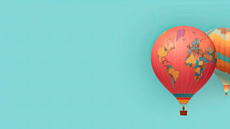 Hot Air Balloon Ride in blue sky white clouds background for wide banner of travel agency or adventure tour. Romance of ballooning in a good weather. Hot air balloons flies in blue sky. Copy space.の素材