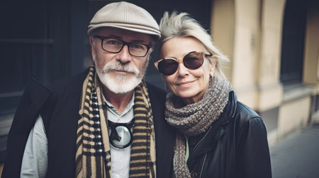 Old tourist people having fun traveling around the world - Travel, relationship and joyful elderly lifestyle conceptの素材