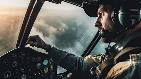 Pilot sitting in an airplane cabin flyingの素材