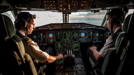 Pilot sitting in an airplane cabin flyingの素材