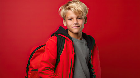 Cute scandinavian teenager boy in red shirt with school bag and books over red isolated background, half body, as school, education conceptの素材