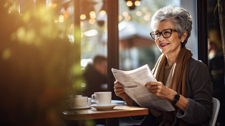 Portrait of modern senior woman reading news using newspaper in outdoor cafe. Morning newsの素材