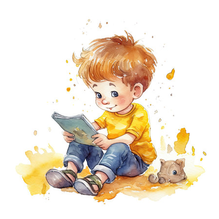 Kid with book, watercolor drawing on white background.の素材
