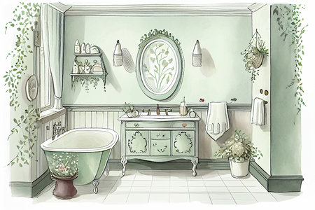 Floor plan bathroom fragment drawn by hand with watercolor aquarelle technique on genuine paperの素材