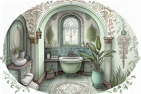 Floor plan bathroom fragment drawn by hand with watercolor aquarelle technique on genuine paperの素材