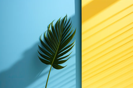Minimalist plant background Bright green branch is lying on a blue background Flat lay Modern minimalistic mockup with empty space.の素材