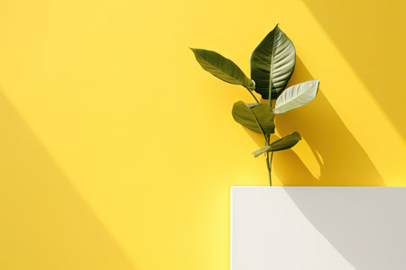 Minimalist plant background Bright green branch is lying on a yellow background Flat lay Modern minimalistic mockup with empty space.の素材