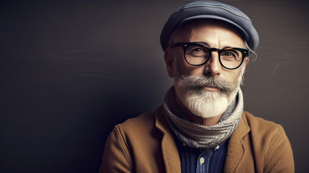 close up and potrait of bearded 60 yo mature hipster man smiling and looking at the camera, wearing for autumn time - active senior concept and lifestyle.の素材